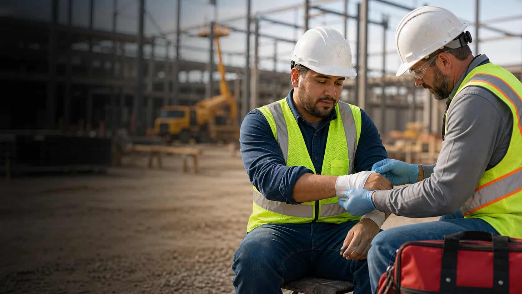 Field supervisor supporting construction injury triage at a remote jobsite.