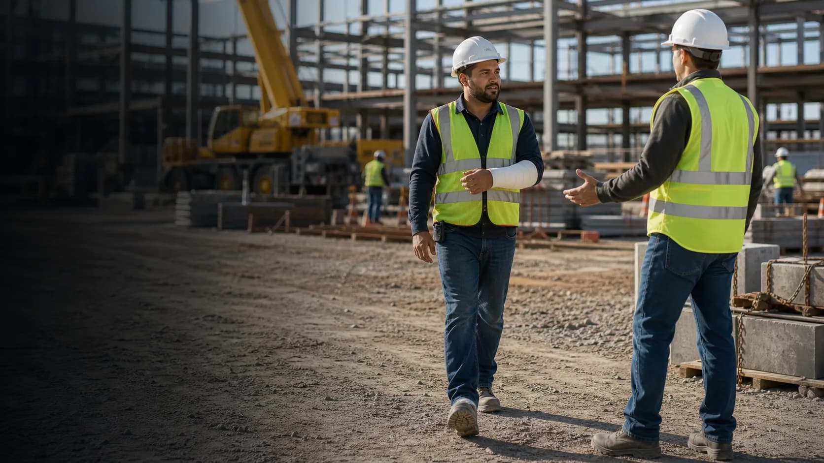 Construction supervisor coordinating injury triage response after a jobsite workplace injury